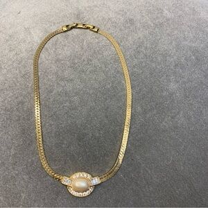 GOLD tone chain faux pearl clear crystal rhinestone oval necklace